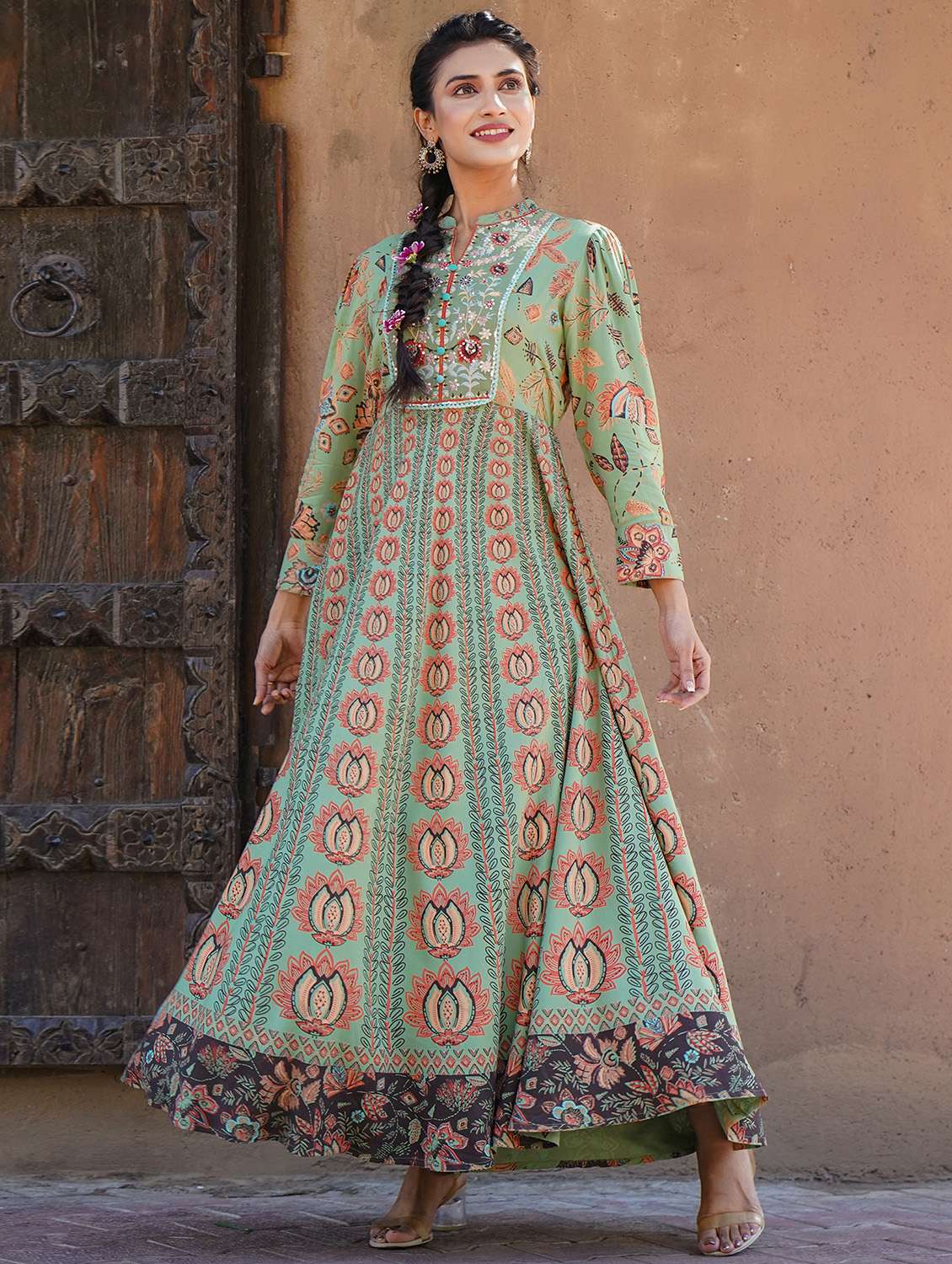 green rayon flared ethnic dress