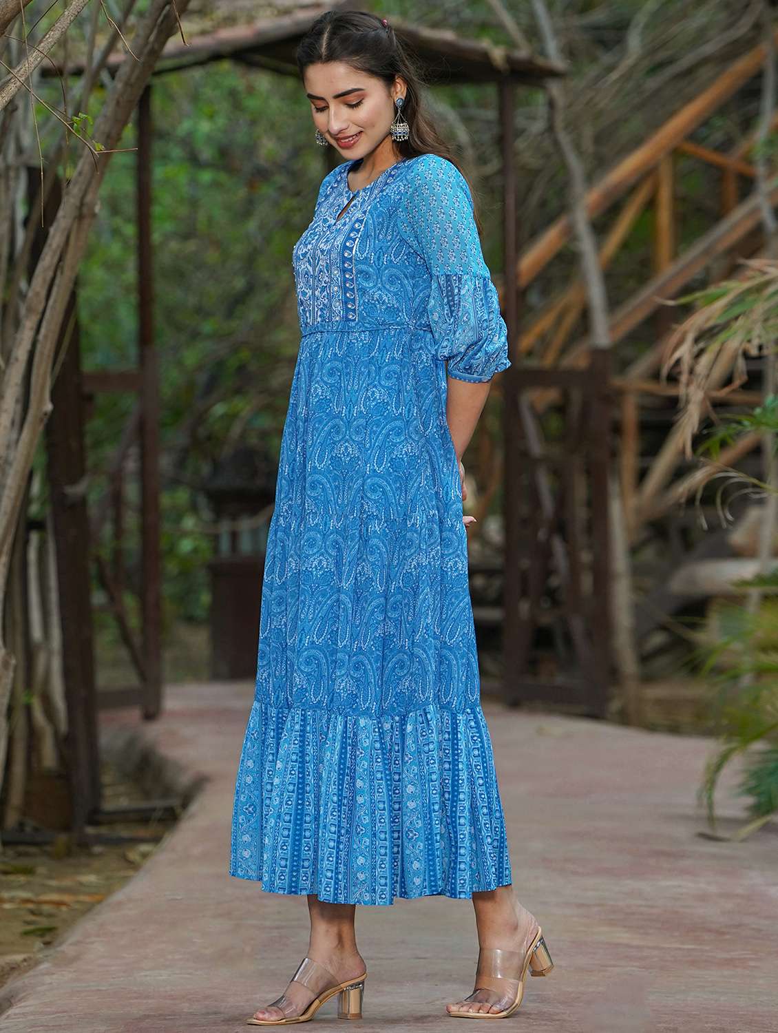 blue georgette tiered ethnic dress - 18321326 -  Standard Image - 1