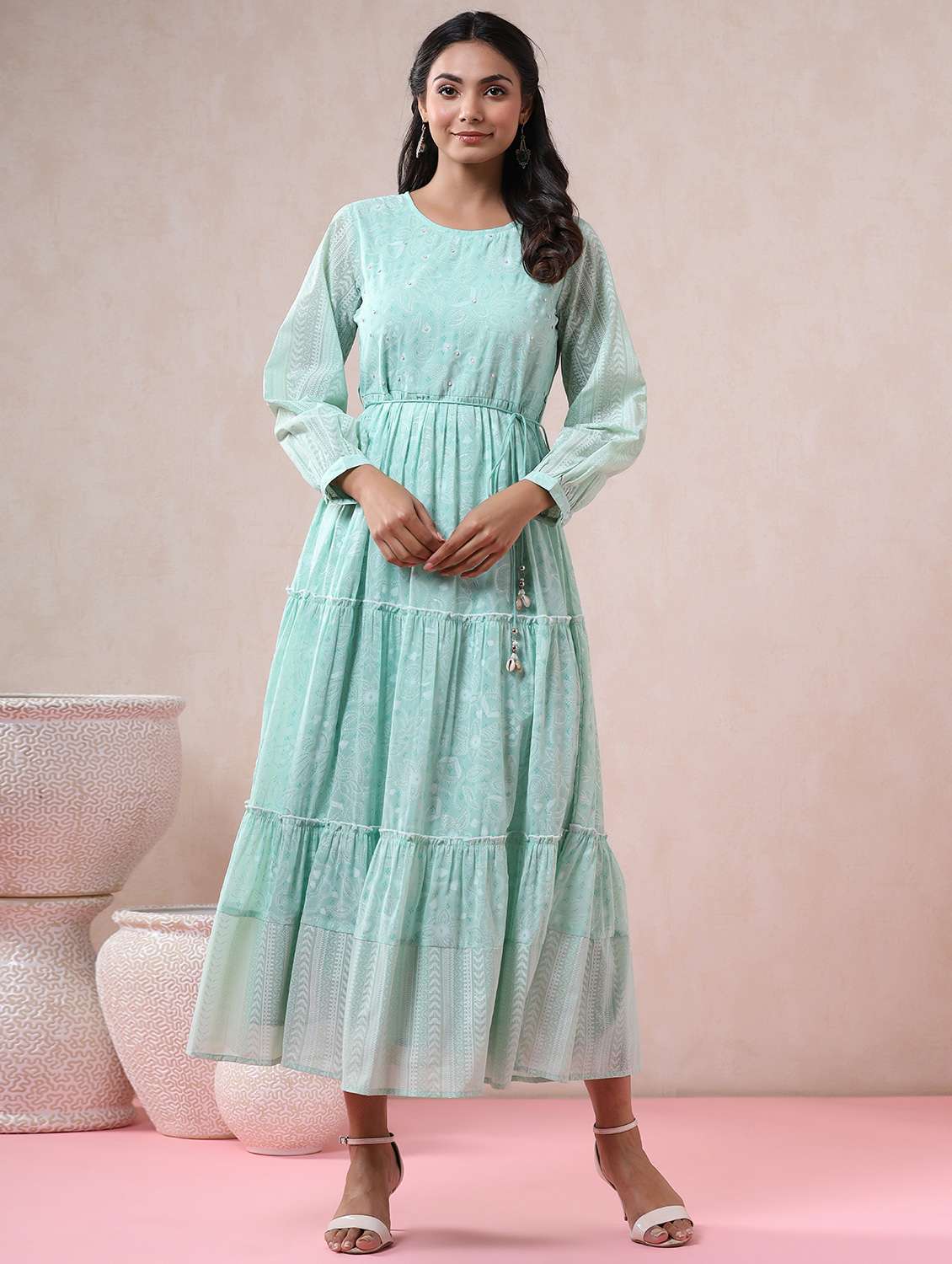 green georgette tiered ethnic dress