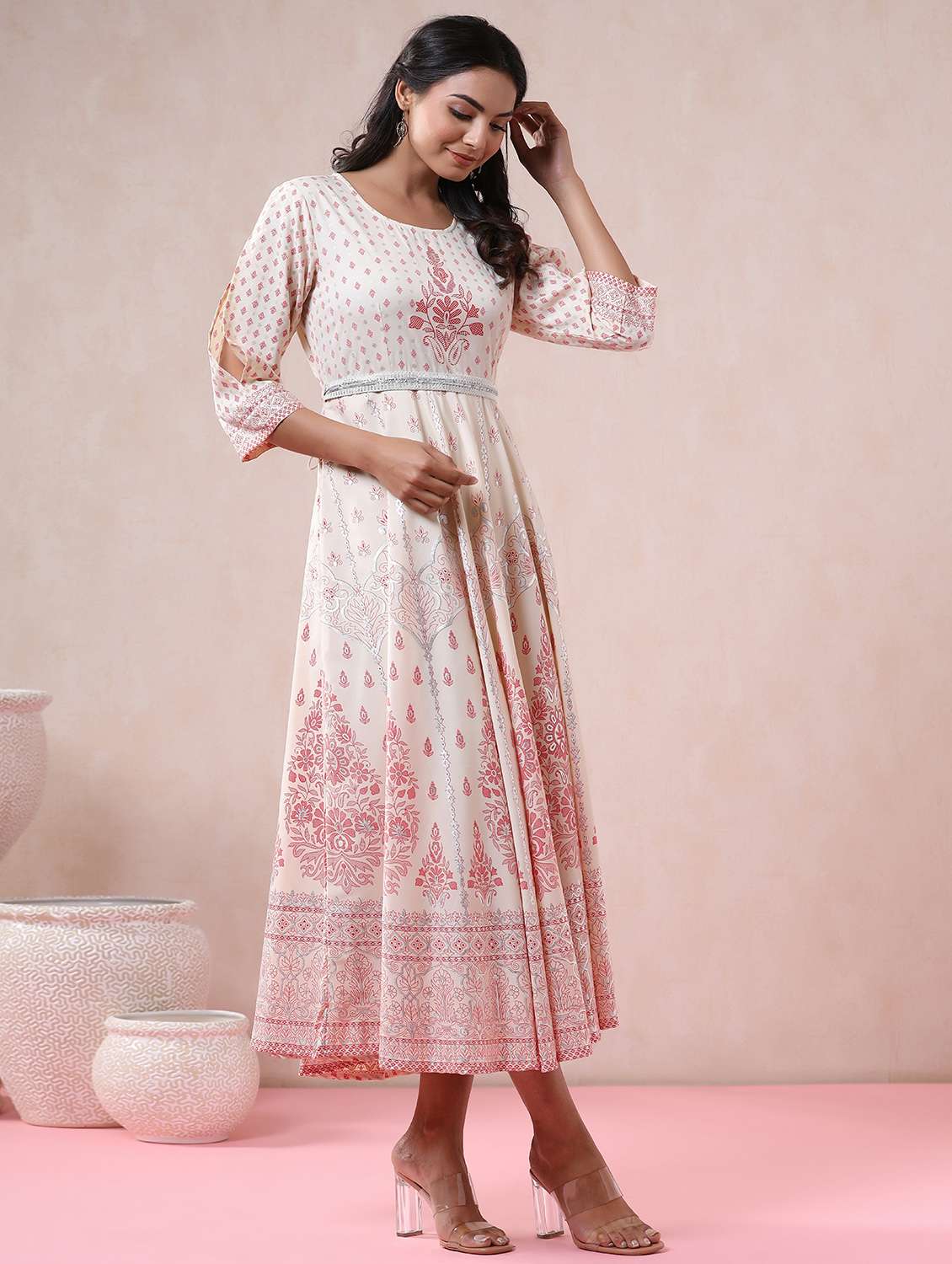 white crepe aline ethnic dress - 18321343 -  Standard Image - 1