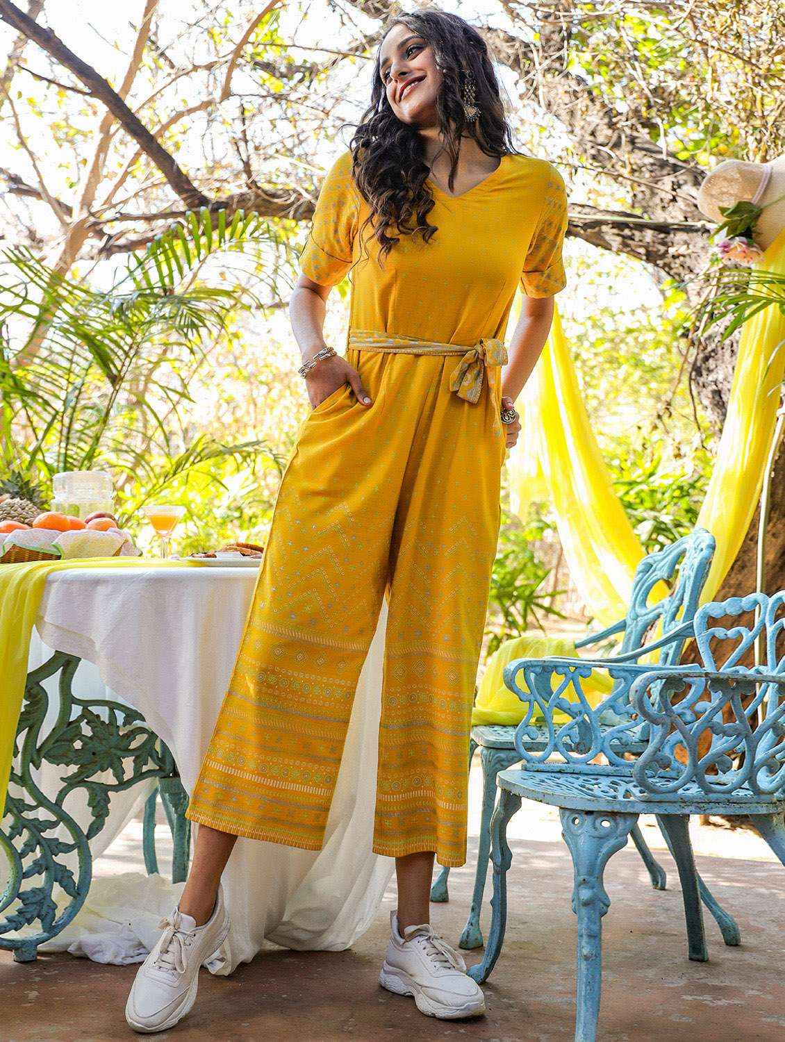 tie front printed full leg jumpsuit