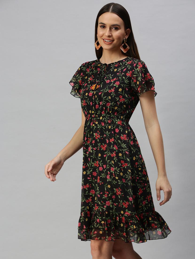 tie up neck floral flared dress - 18321833 -  Standard Image - 1