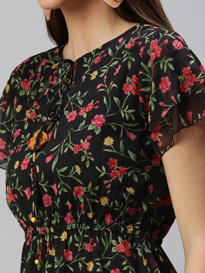 tie up neck floral flared dress - 18321833 - Standard Image - 4