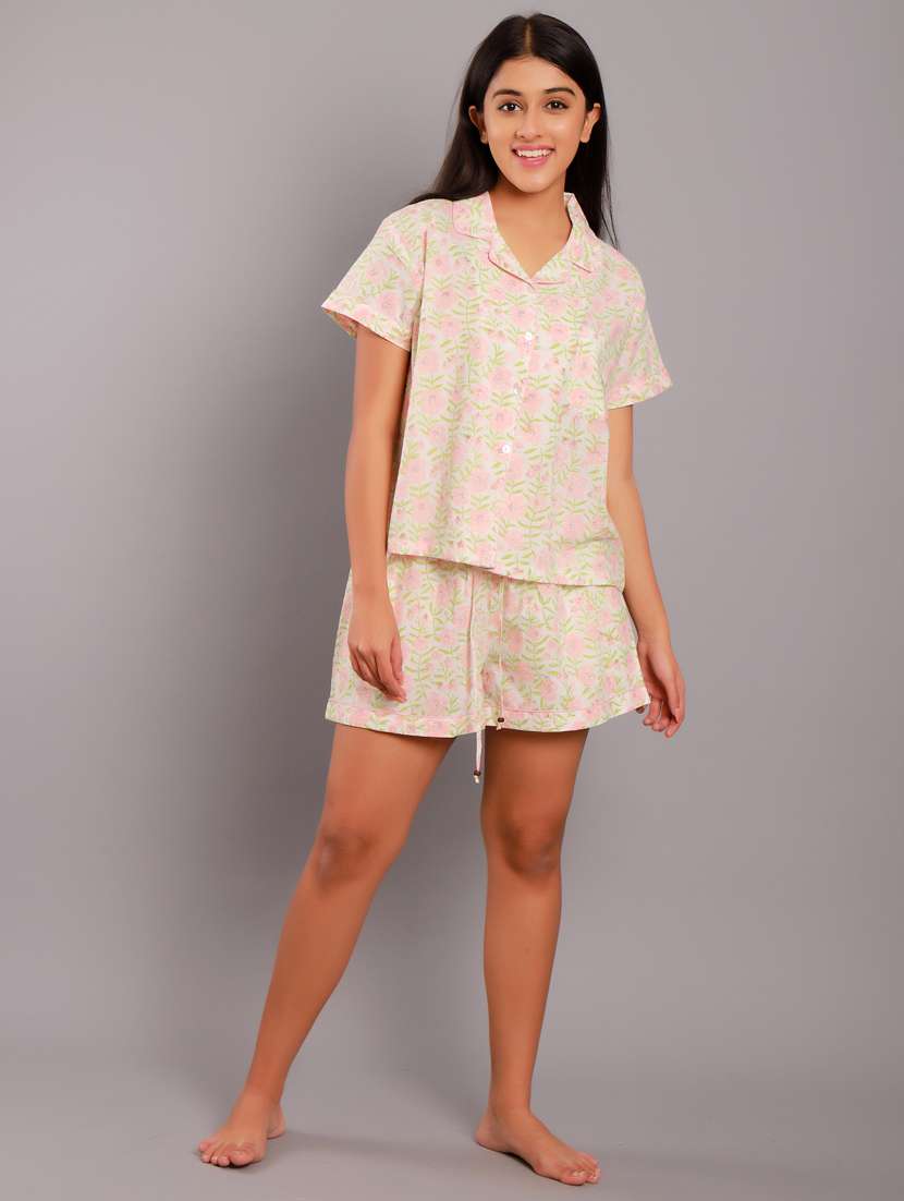 shirt collar printed nightwear shorts set 