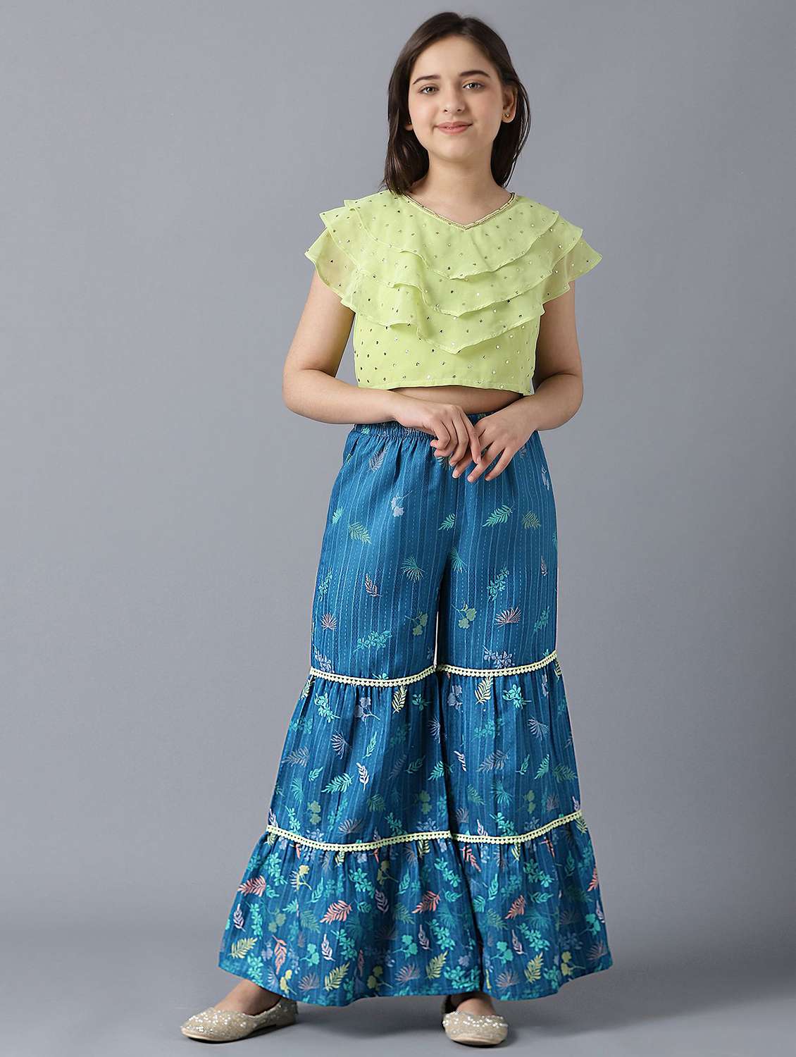 green embellished sharara suit set