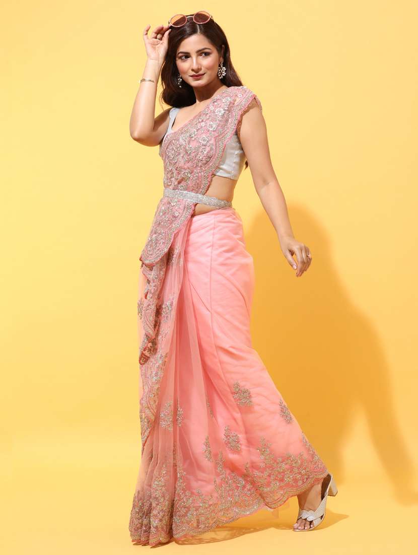 pink net embroidered saree with blouse - 18322897 - Standard Image - 1