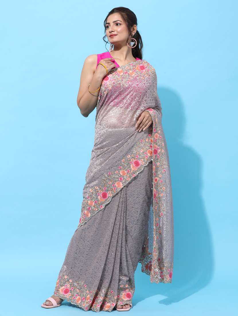 lavender embroidered saree with blouse