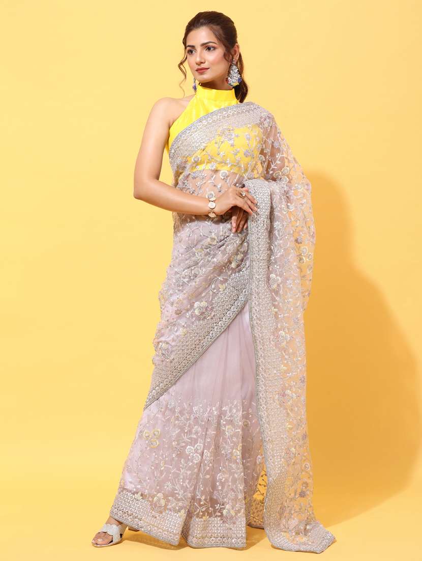 lavender embroidered saree with blouse