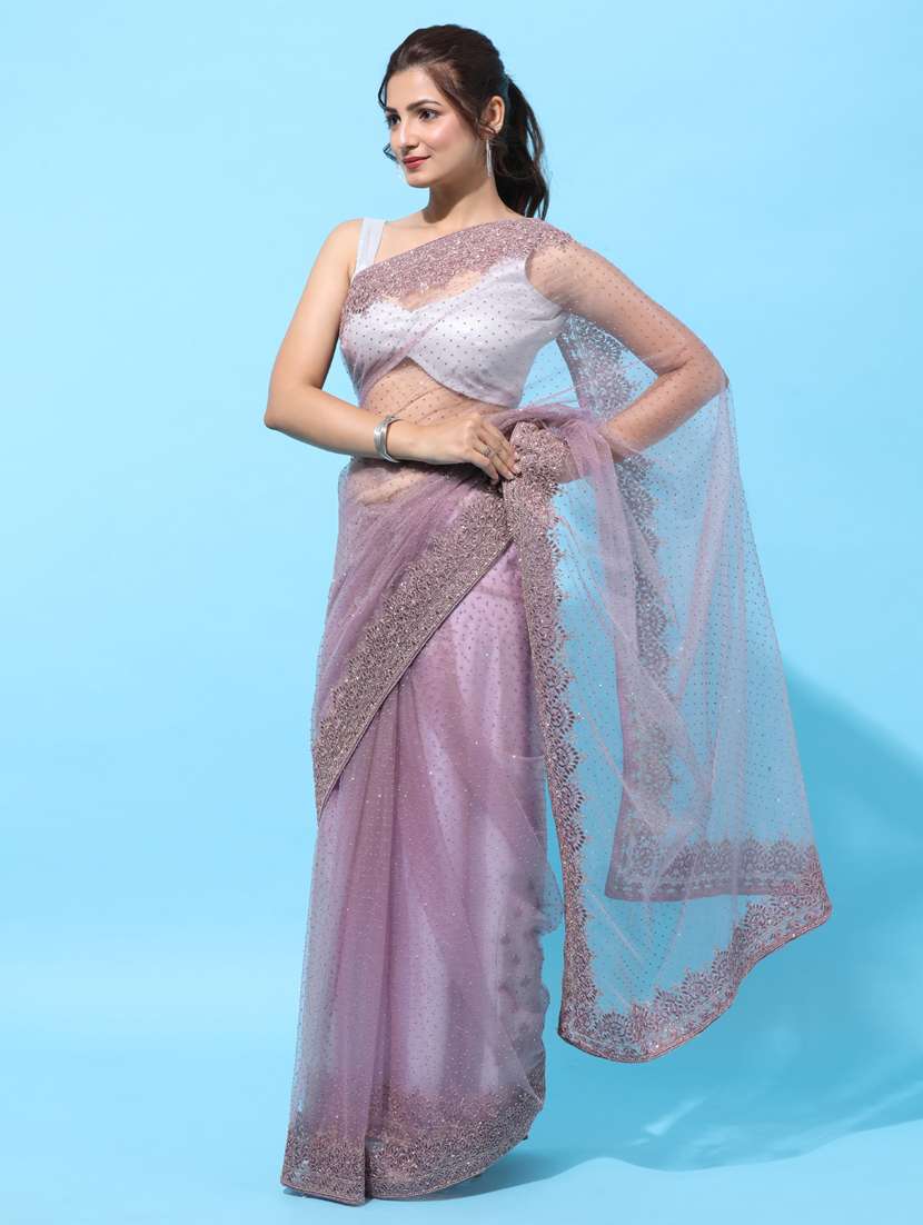 lavender embroidered saree with blouse - 18322939 - Standard Image - 1
