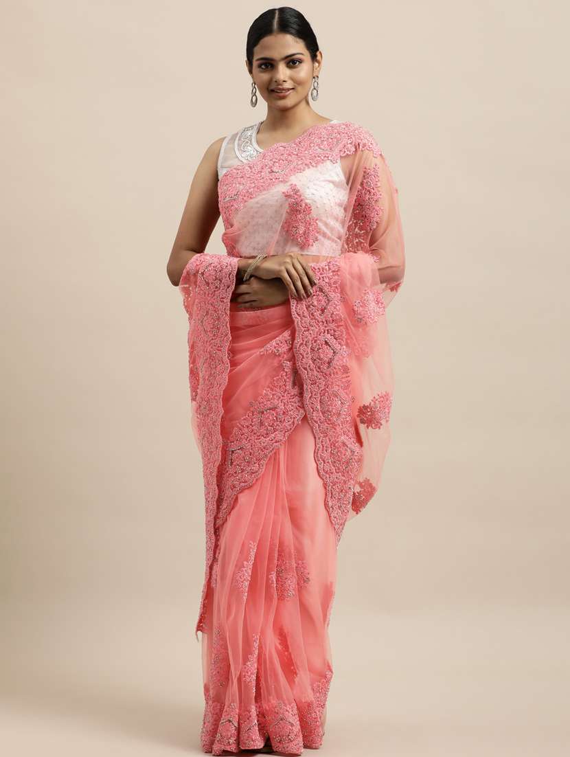pink net embroidered saree with blouse