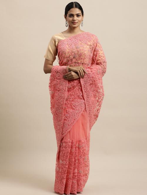 pink net embroidered saree with blouse - 18323131 -  Standard Image - 0
