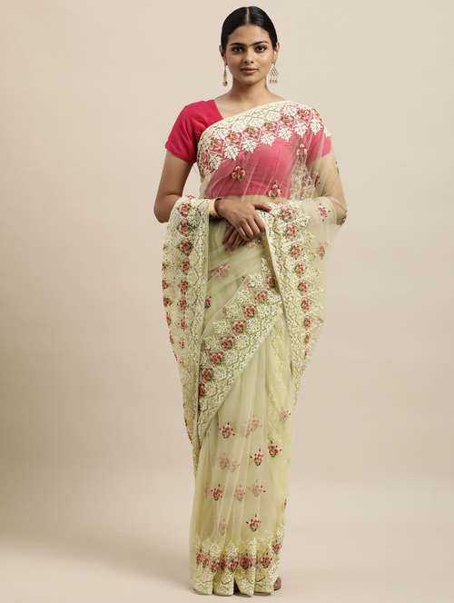 cream net embroidered saree with blouse - 18323145 - Standard Image - 0