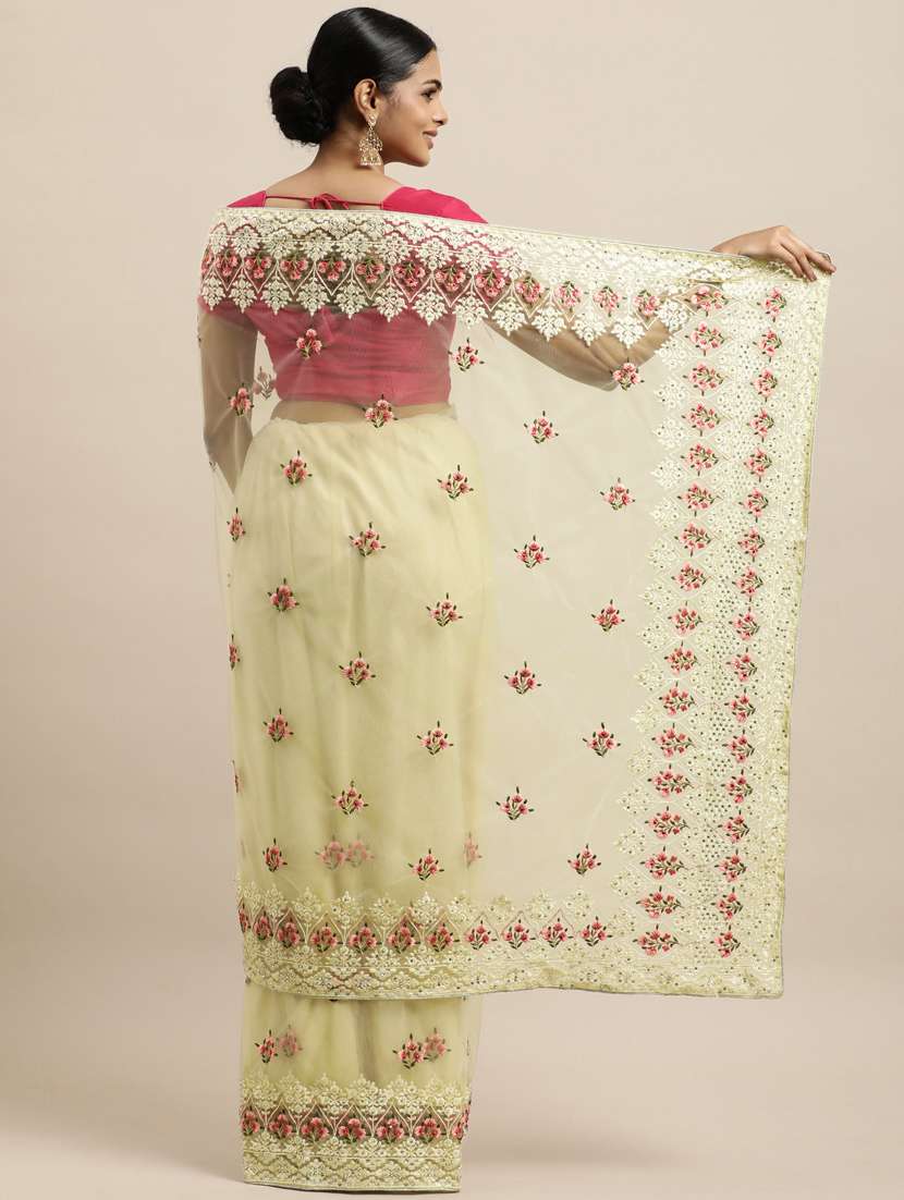 cream net embroidered saree with blouse - 18323145 -  Standard Image - 1
