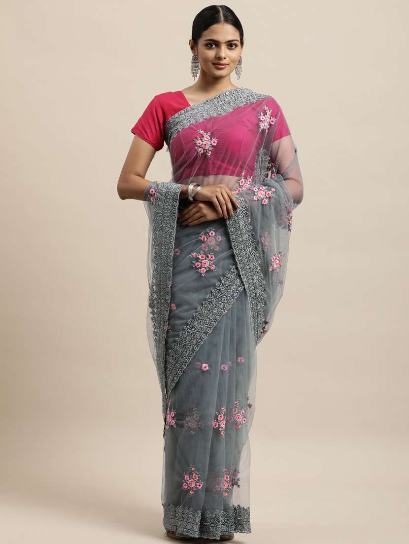 grey net embroidered saree with blouse - 18323147 - Zoom Image - 0
