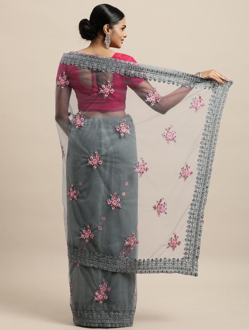 grey net embroidered saree with blouse - 18323147 - Standard Image - 1