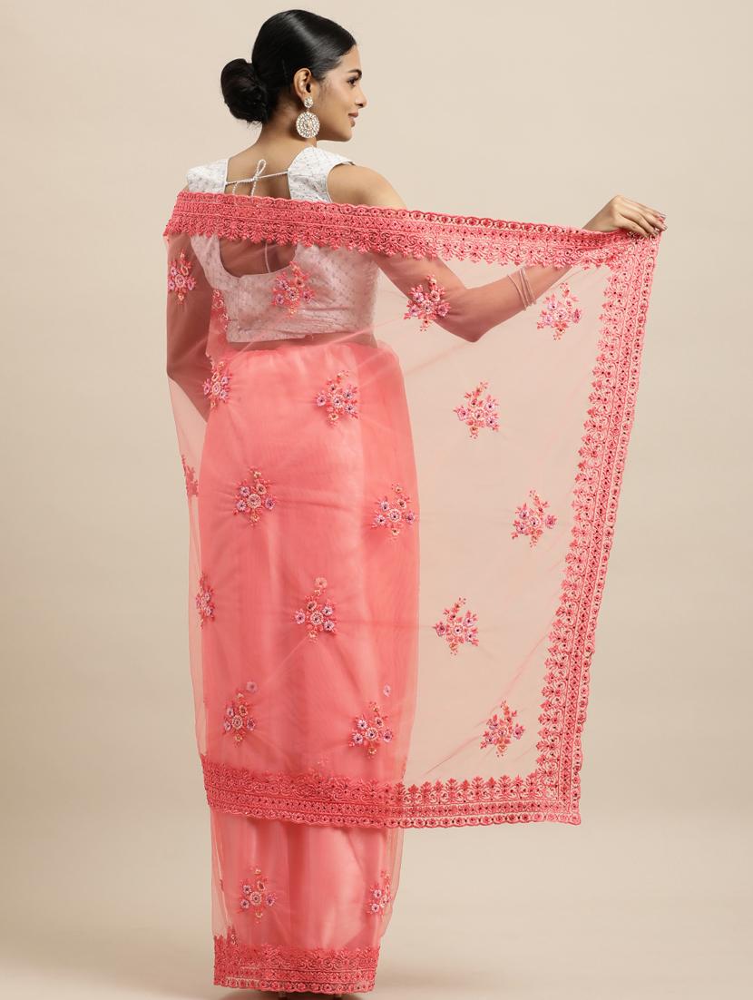 peach net embroidered saree with blouse - 18323148 - Standard Image - 1