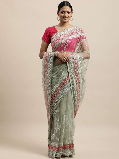 green net embroidered saree with blouse - 18323164 -  Standard Image - 0