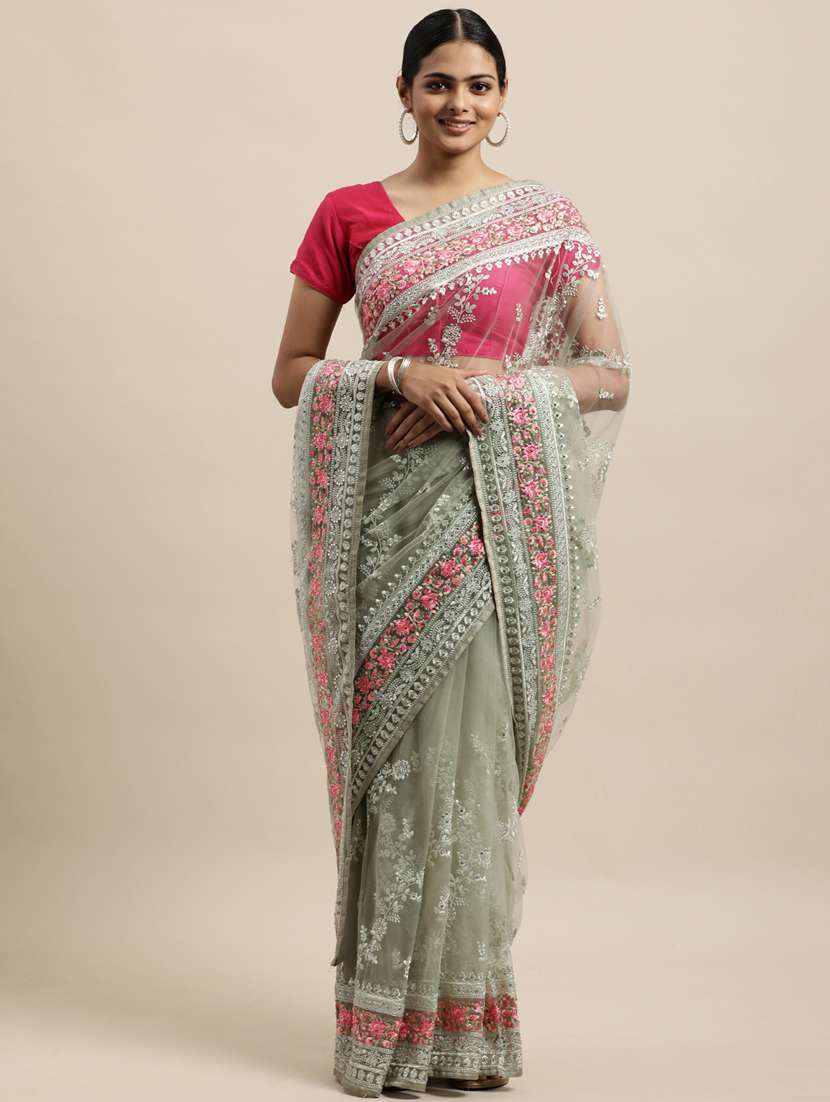green net embroidered saree with blouse