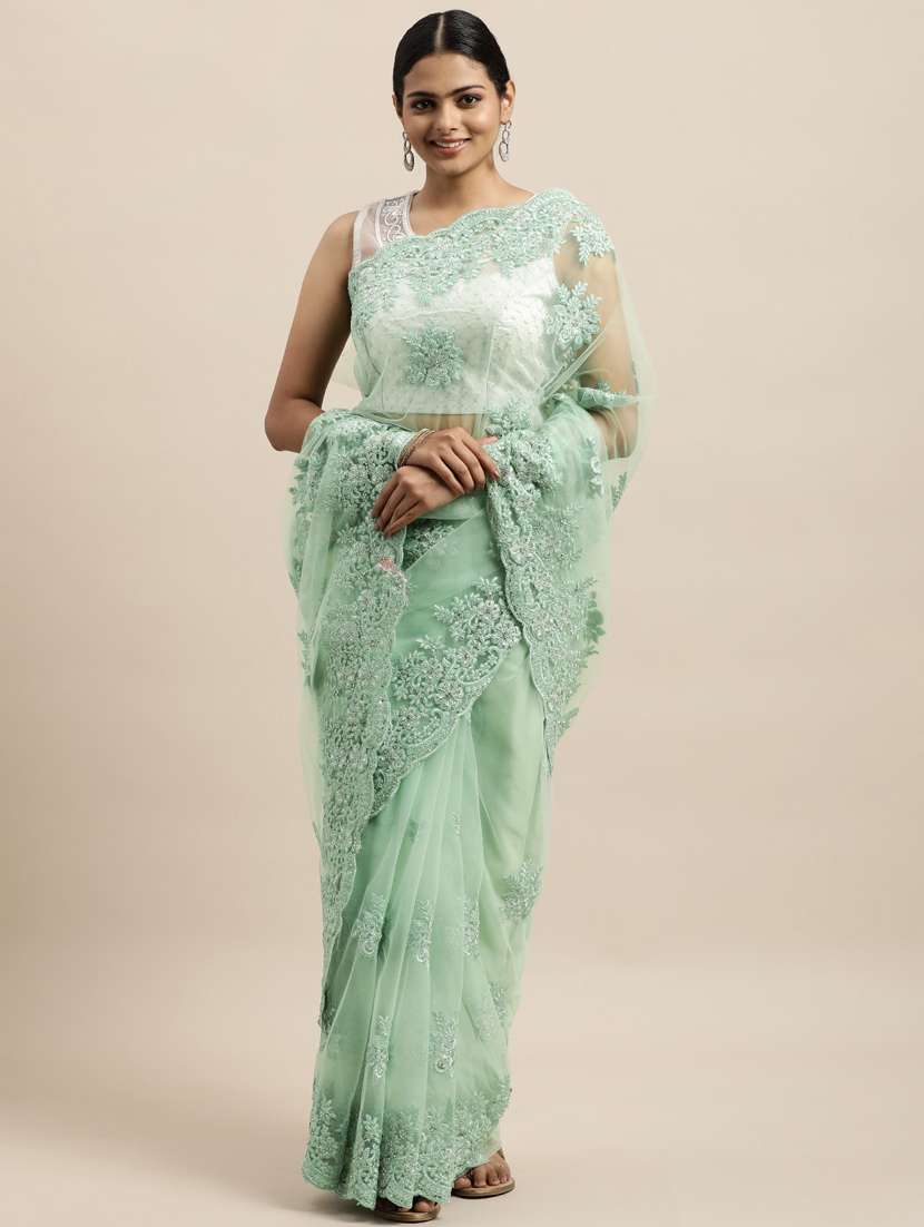 green net embroidered saree