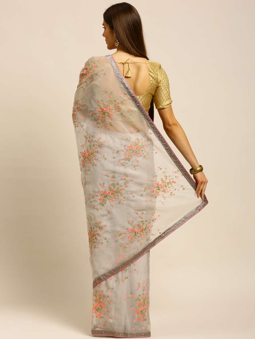 grey lace bordered embroidered saree with blouse - 18323180 -  Standard Image - 1