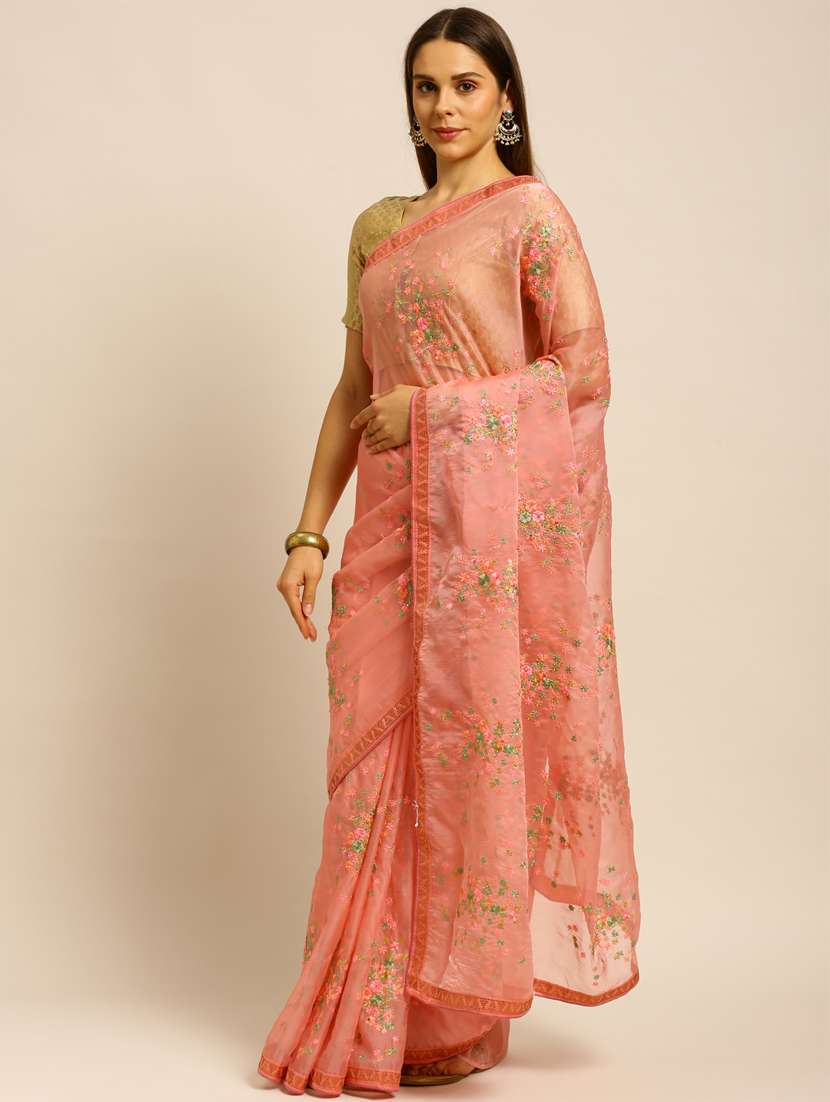 peach lace bordered embroidered saree with blouse