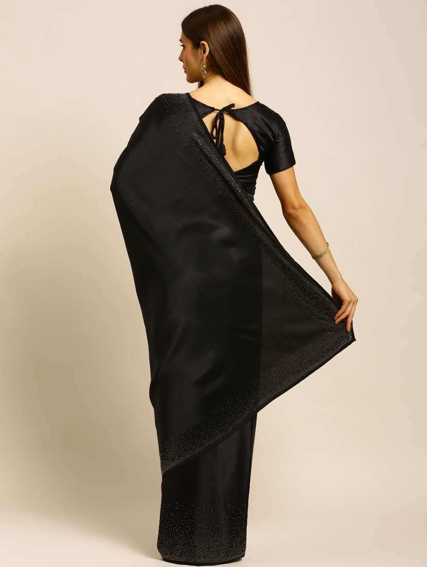 black satin embroidered saree with blouse - 18323199 -  Standard Image - 1
