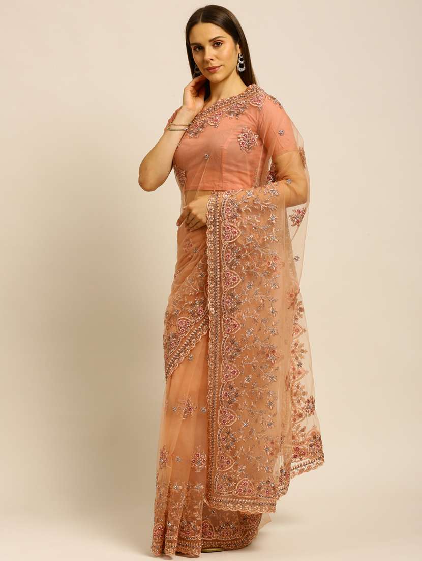peach net embroidered saree