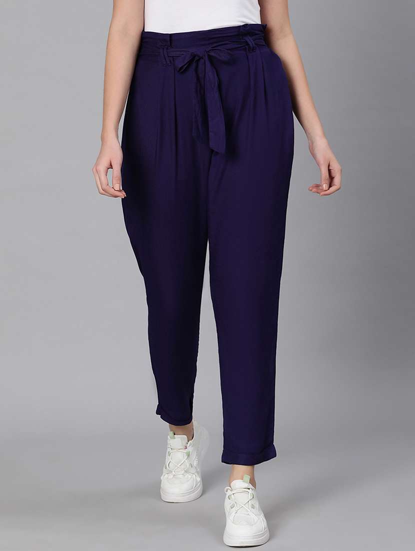 solid navy blue flat front trouser