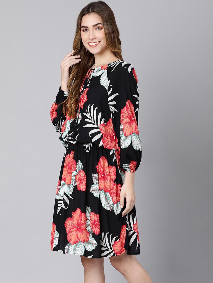 tie up neck tropical fit & flare dress - 18324549 -  Standard Image - 1