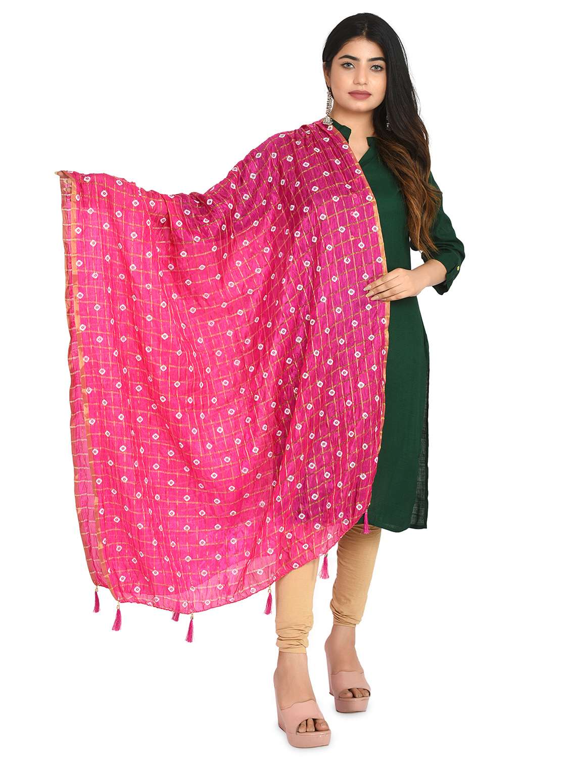 pink bandhani print dupatta with tassles