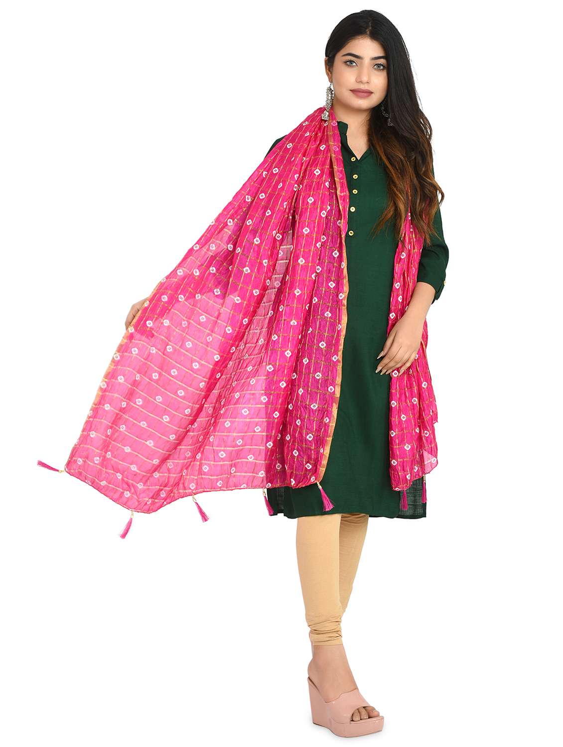 pink bandhani print dupatta with tassles - 18324678 -  Standard Image - 1