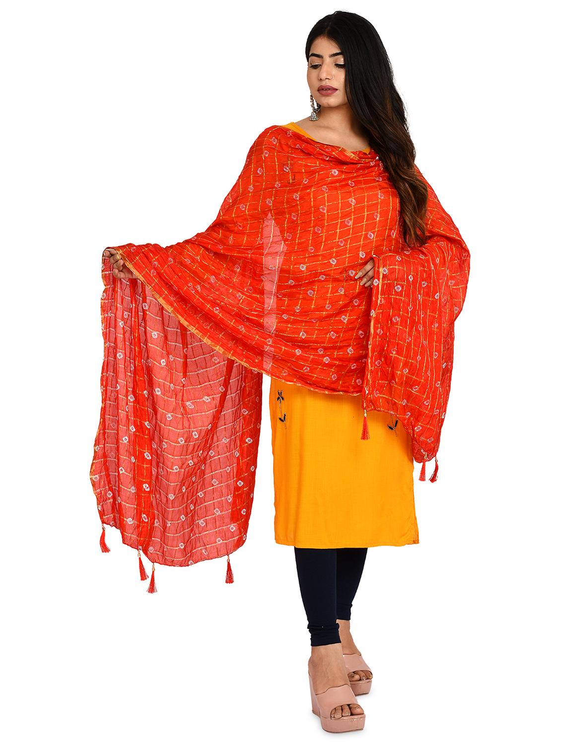 orange bandhani print dupatta with fringes - 18324679 - Standard Image - 1