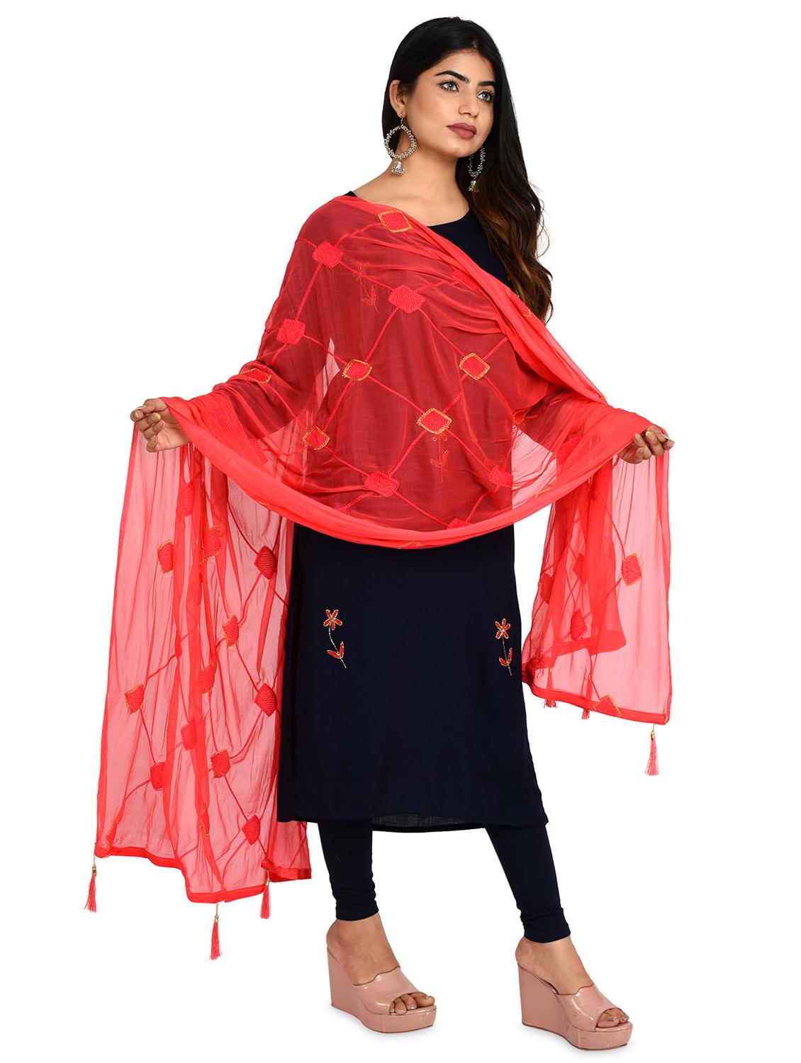 red embroidered dupatta - 18324684 - Standard Image - 1
