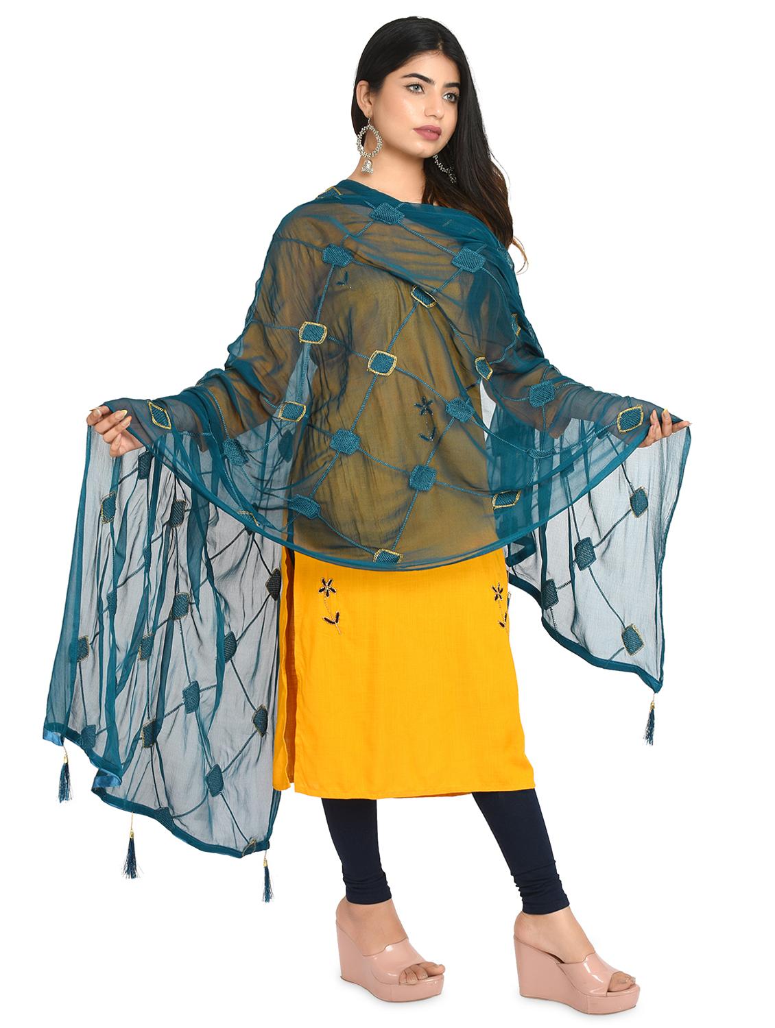 teal embroidered dupatta - 18324692 - Standard Image - 1