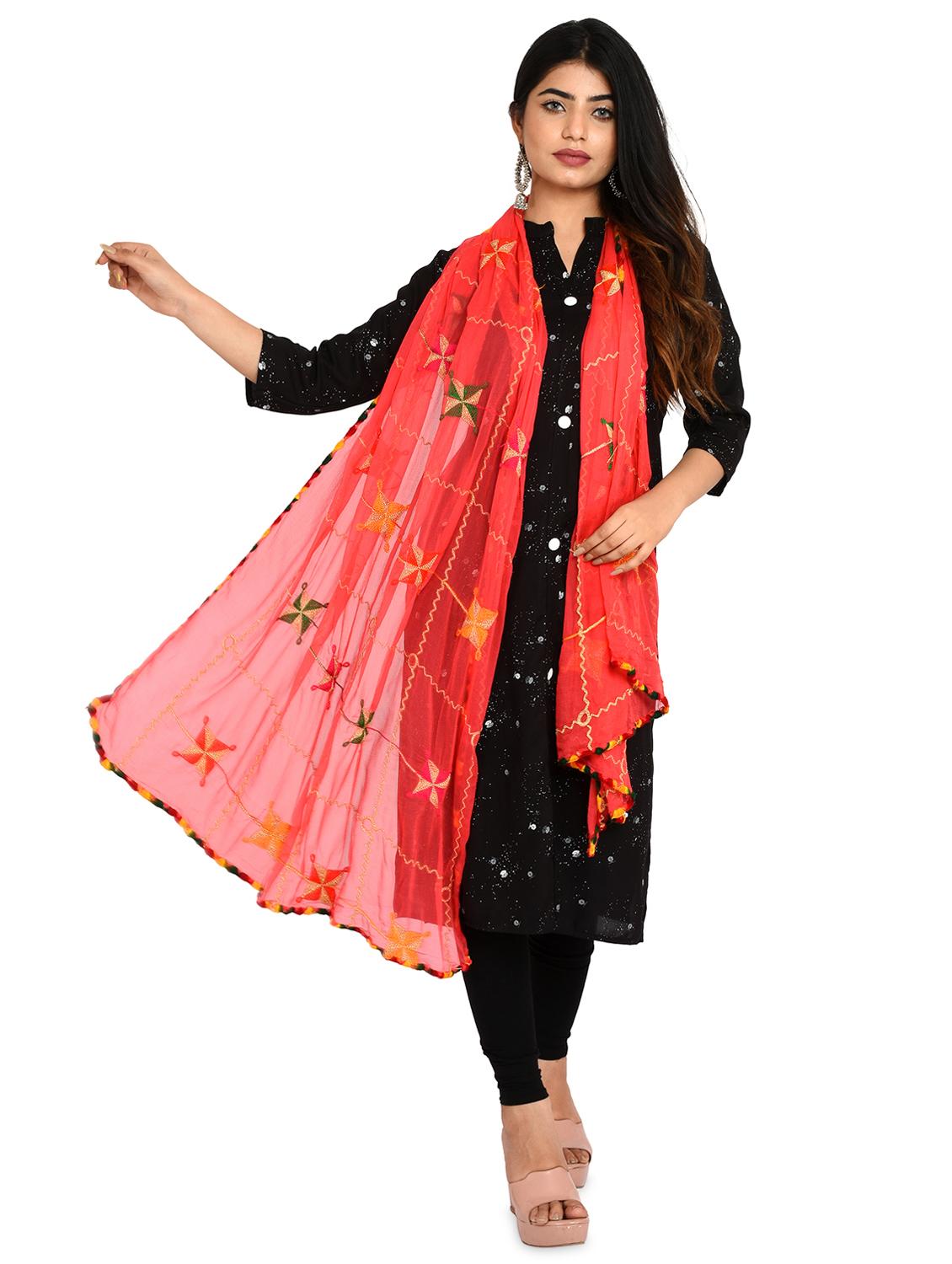 red phulkari embroidered dupatta - 18324697 - Standard Image - 1