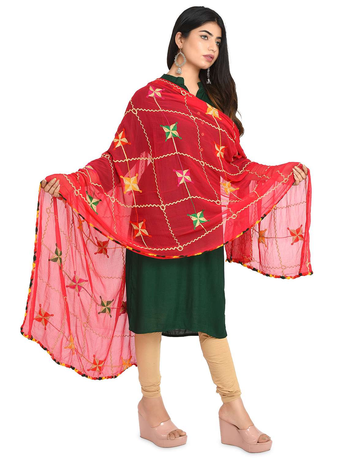 red phulkari embroidered dupatta - 18324704 -  Standard Image - 1