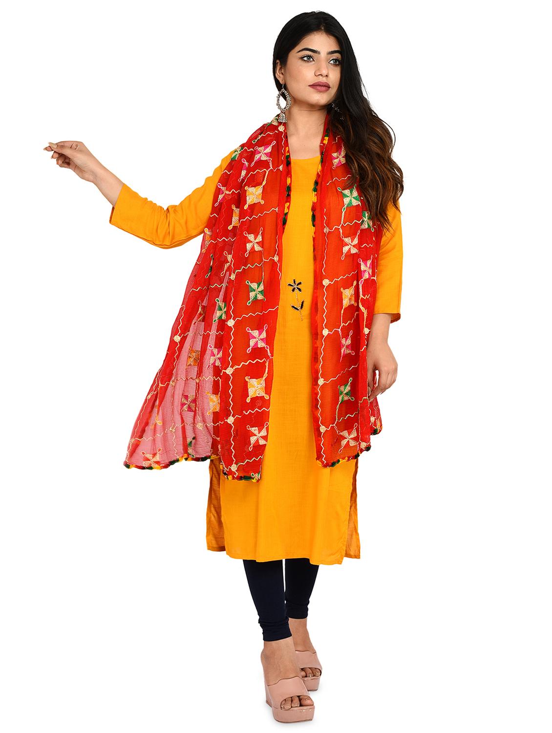red phulkari emroidered dupatta - 18324705 - Standard Image - 1