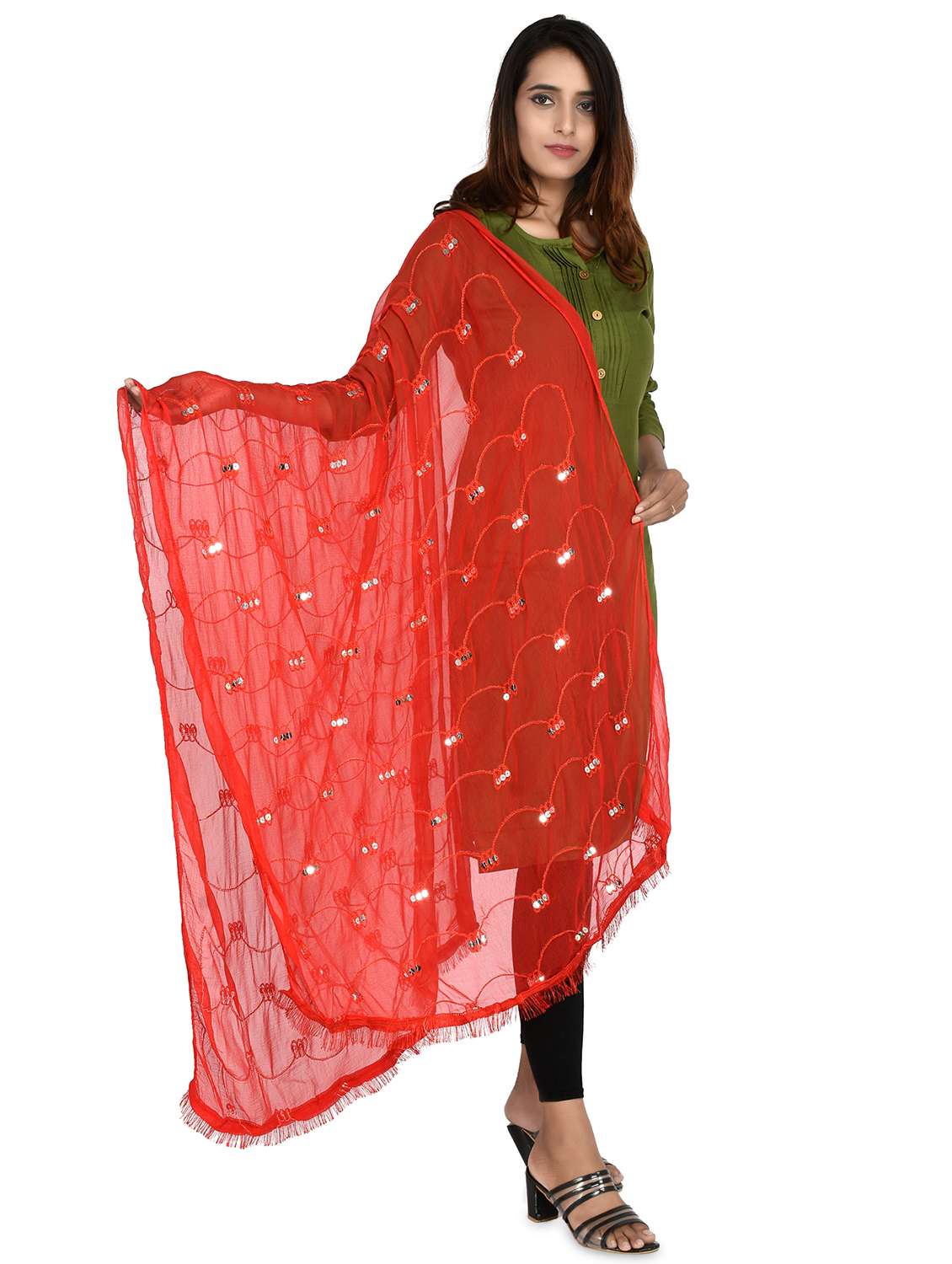 red self designed embroidered dupatta - 18324745 -  Standard Image - 1
