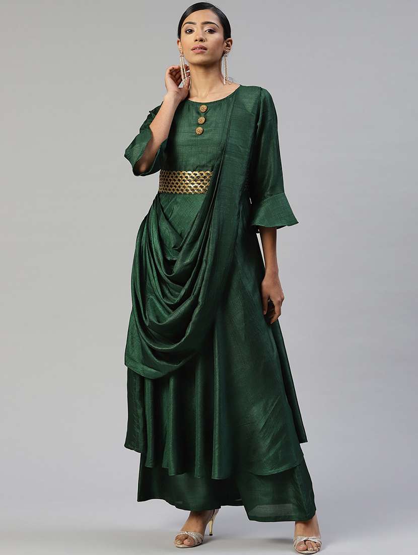 women green round neck fusion set