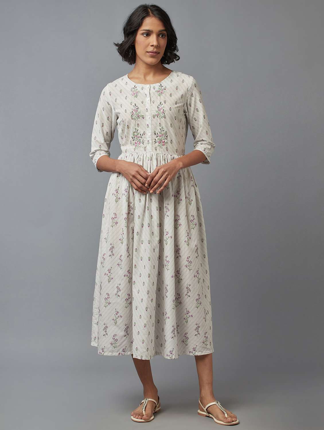 white floral flared ethnic dress