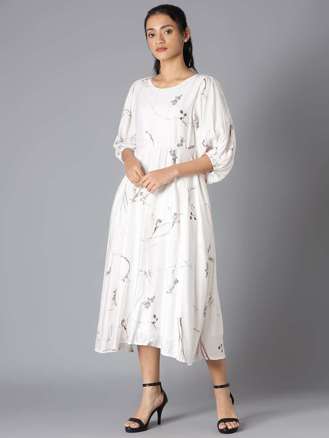 beige floral flared ethnic dress