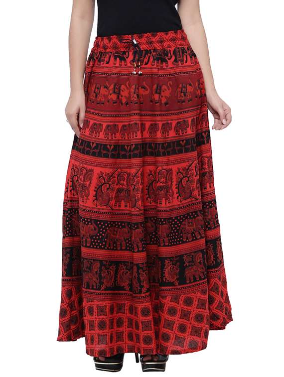 red printed flared skirt