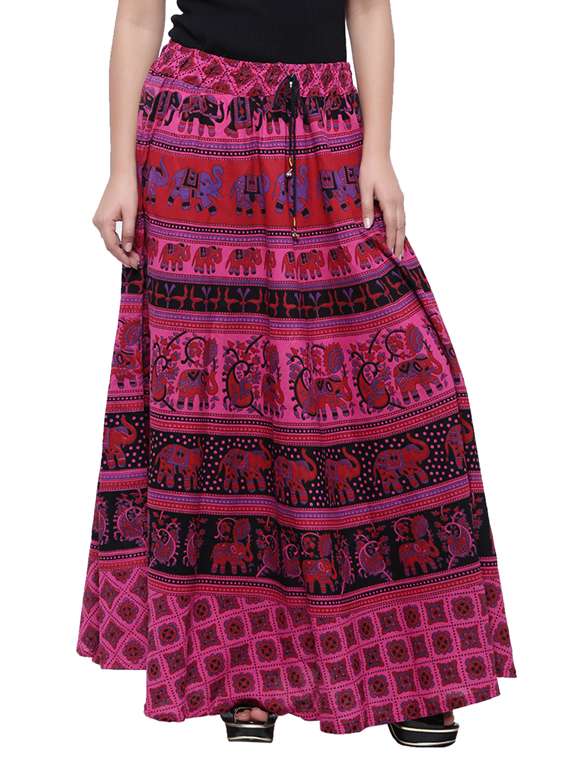 pink printed flared skirt