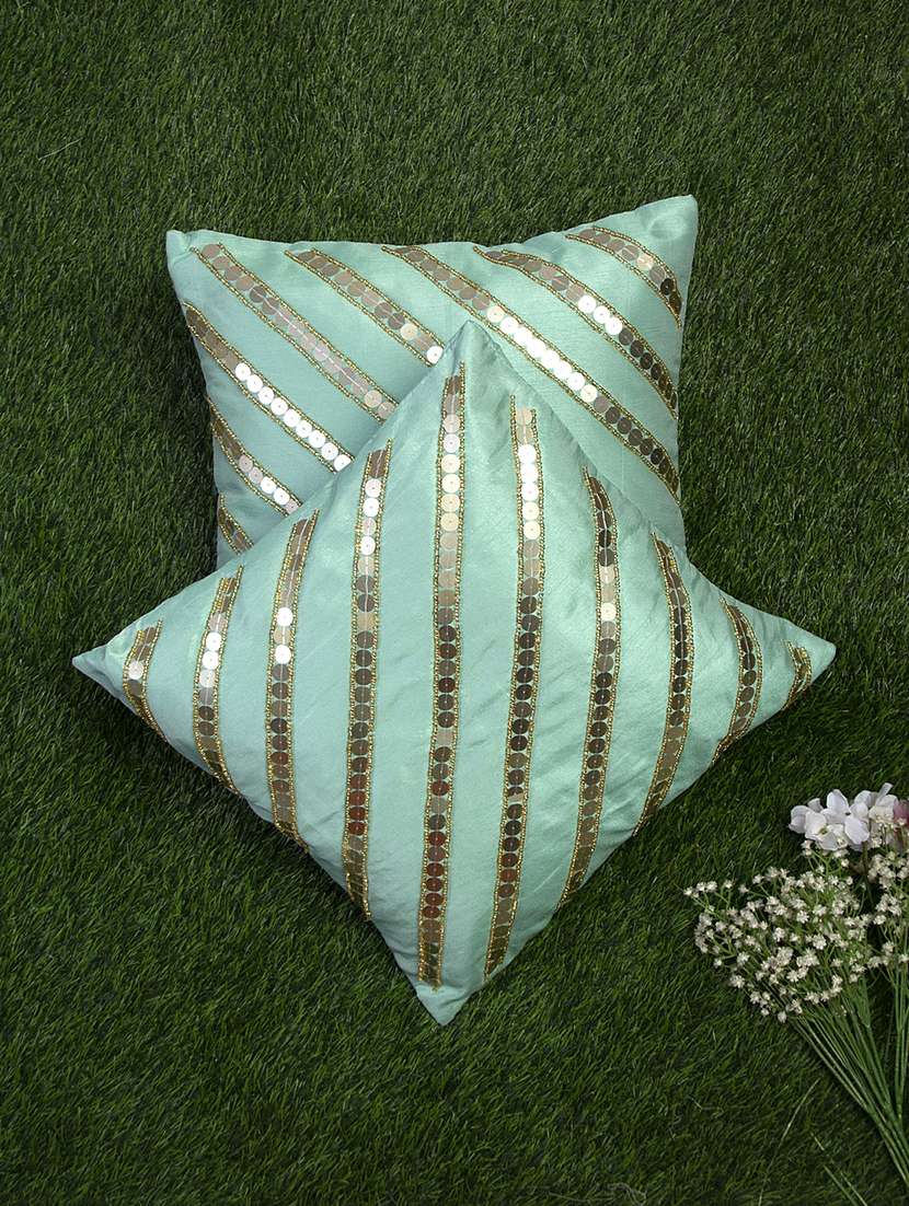 alina decor sea green embroidered set of 2 cushion covers