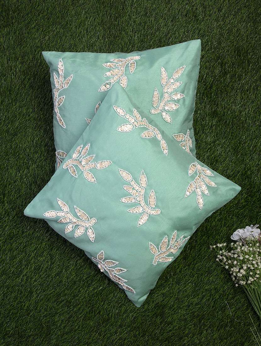 alina decor sea green embroidered set of 2 cushion covers