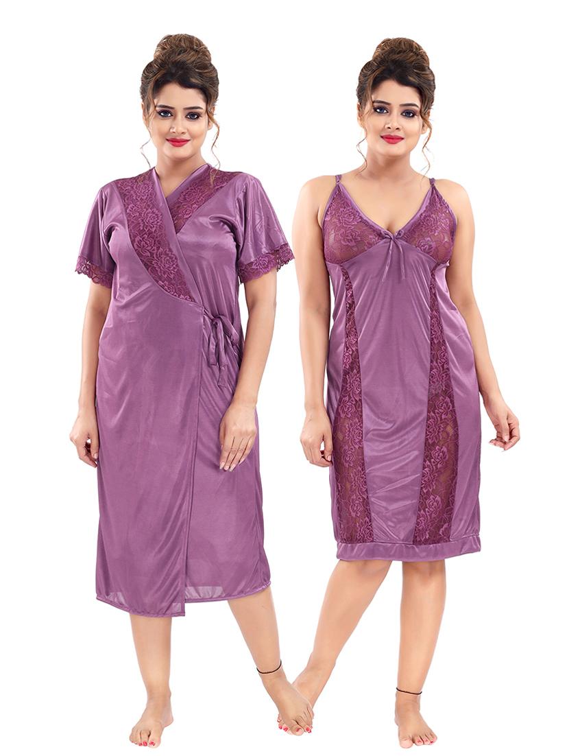 tie front solid nightwear set - 18329100 - Standard Image - 1