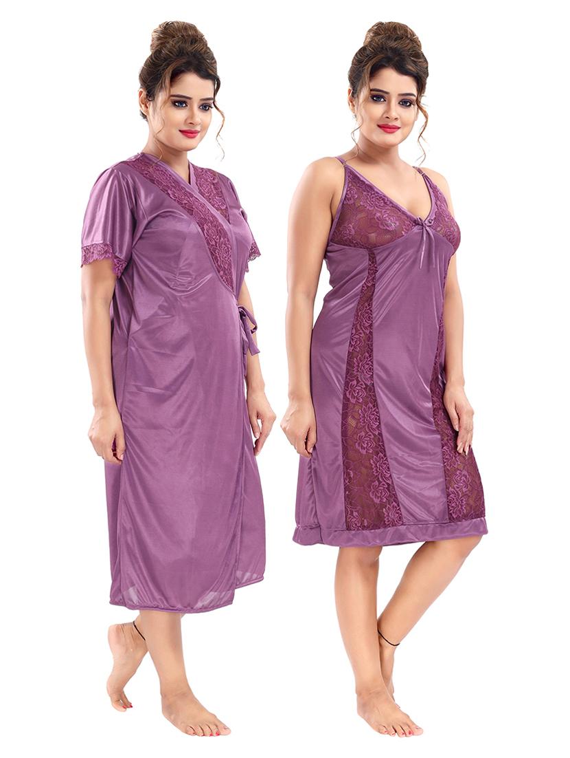 tie front solid nightwear set - 18329100 - Standard Image - 4