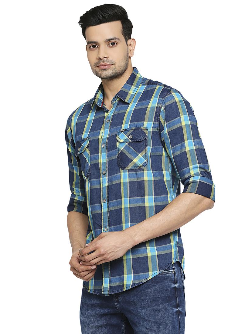 navy blue checked casual shirt - 18329384 - Standard Image - 1