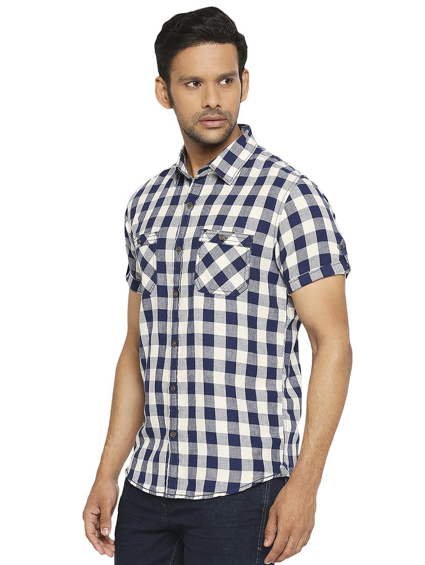 navy blue checked casual shirt - 18329390 - Standard Image - 1