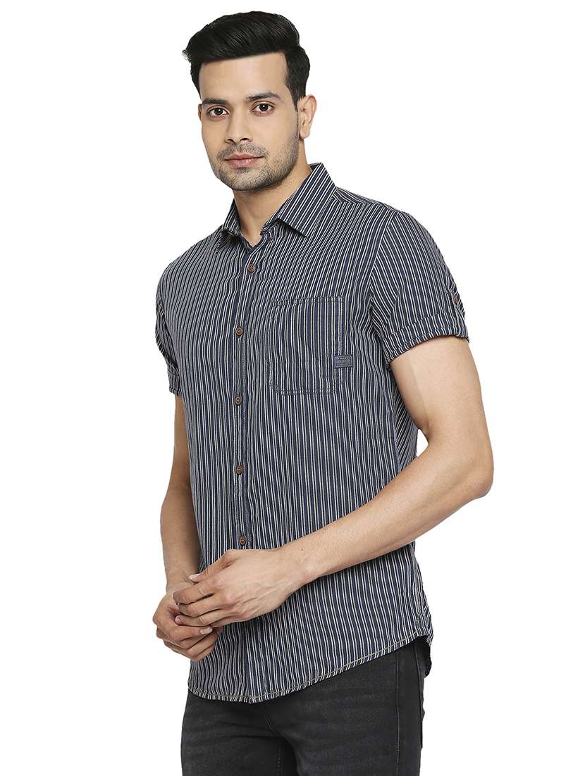 navy blue striped casual shirt - 18329420 - Standard Image - 1